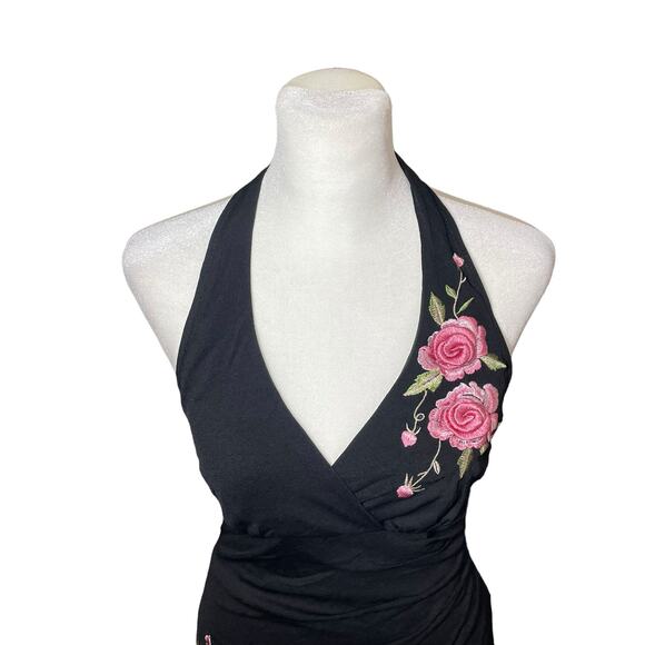 Rampage Halter Women's Dress Black Pink Size Medium Floral Fairy‎ Pinup Girl Y2K - Picture 2 of 13